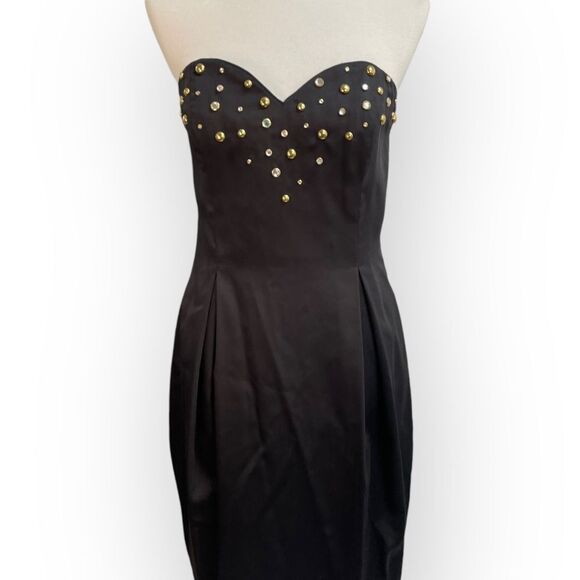 Vintage Black strapless dress, sz 12. Gold accents sweetheart retro prom formal - Picture 3 of 16